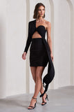 Cecelia Black Ruched One-Sleeve Twist Mini Dress With Drape