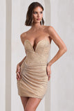 Mesmerised Nude Embellished V Plunge Strapless Mini Dress
