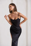 In Attendance Black Satin Draped Corset Split Maxi Dress
