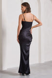 In Attendance Black Satin Draped Corset Split Maxi Dress