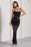 In Attendance Black Satin Draped Corset Split Maxi Dress