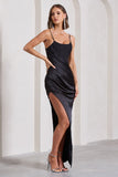 In Attendance Black Satin Draped Corset Split Maxi Dress