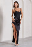 In Attendance Black Satin Draped Corset Split Maxi Dress