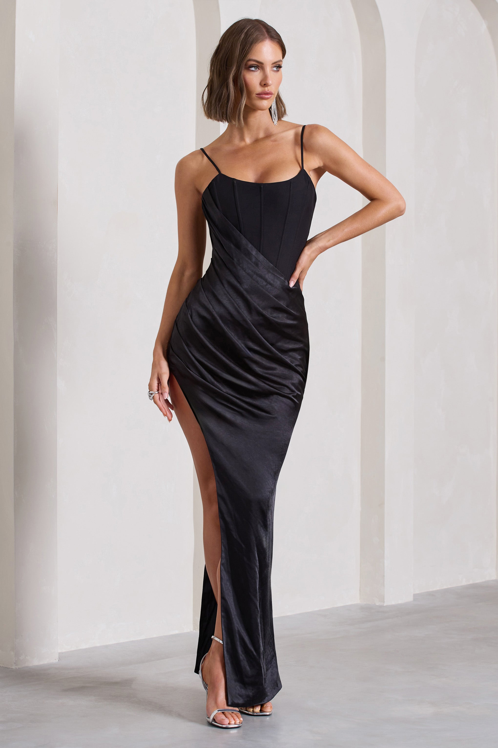 In Attendance Black Satin Draped Corset Split Maxi Dress