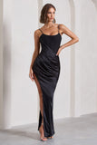 In Attendance Black Satin Draped Corset Split Maxi Dress