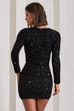 Pure Intentions Black Sequin Long-Sleeve Cowl Mini Dress
