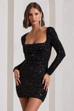 Pure Intentions Black Sequin Long-Sleeve Cowl Mini Dress