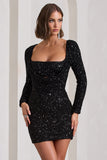 Pure Intentions Black Sequin Long-Sleeve Cowl Mini Dress