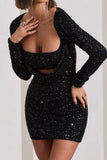 Pure Intentions Black Sequin Long-Sleeve Cowl Mini Dress