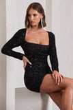 Pure Intentions Black Sequin Long-Sleeve Cowl Mini Dress