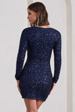 Pure Intentions Blue Sequin Long-Sleeve Cowl Mini Dress