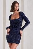 Pure Intentions Blue Sequin Long-Sleeve Cowl Mini Dress