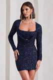 Pure Intentions Blue Sequin Long-Sleeve Cowl Mini Dress