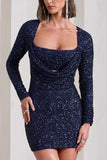 Pure Intentions Blue Sequin Long-Sleeve Cowl Mini Dress