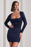 Pure Intentions Blue Sequin Long-Sleeve Cowl Mini Dress