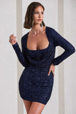 Pure Intentions Blue Sequin Long-Sleeve Cowl Mini Dress