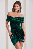 Snowdrop Bottle Green Velvet Bardot Wrap Mini Dress