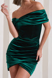 Snowdrop Bottle Green Velvet Bardot Wrap Mini Dress