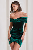 Snowdrop Bottle Green Velvet Bardot Wrap Mini Dress