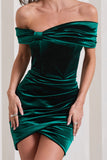 Snowdrop Bottle Green Velvet Bardot Wrap Mini Dress