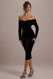 Compliment Black Velvet Bardot Midi Dress