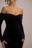 Compliment Black Velvet Bardot Midi Dress