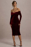 Compliment Berry Velvet Bardot Midi Dress