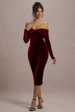 Compliment Berry Velvet Bardot Midi Dress