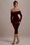 Compliment Berry Velvet Bardot Midi Dress
