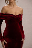 Compliment Berry Velvet Bardot Midi Dress