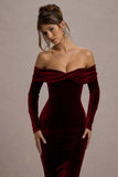 Compliment Berry Velvet Bardot Midi Dress