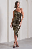 Late Night Gold Metallic Asymmetric One-Shoulder Midi Dress