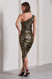 Late Night Gold Metallic Asymmetric One-Shoulder Midi Dress