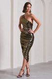 Late Night Gold Metallic Asymmetric One-Shoulder Midi Dress