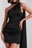 Natalie Black Satin One Shoulder Mini Dress With Scarf Detail
