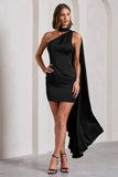 Natalie Black Satin One Shoulder Mini Dress With Scarf Detail