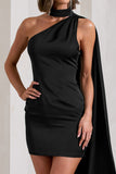 Natalie Black Satin One Shoulder Mini Dress With Scarf Detail