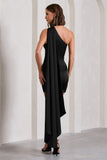 Natalie Black Satin One Shoulder Mini Dress With Scarf Detail