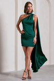 Natalie Bottle Green Satin One Shoulder Mini Dress With Scarf Detail