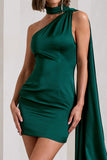 Natalie Bottle Green Satin One Shoulder Mini Dress With Scarf Detail