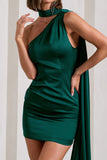 Natalie Bottle Green Satin One Shoulder Mini Dress With Scarf Detail