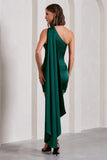 Natalie Bottle Green Satin One Shoulder Mini Dress With Scarf Detail