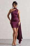 Natalie Plum Satin One Shoulder Mini Dress With Scarf Detail