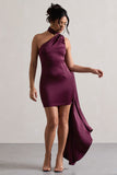 Natalie Plum Satin One Shoulder Mini Dress With Scarf Detail