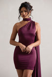 Natalie Plum Satin One Shoulder Mini Dress With Scarf Detail
