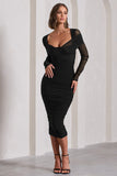 Between The Lines Black Ruched Mesh Long-Sleeved Bodycon Midi Dress