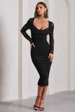 Between The Lines Black Ruched Mesh Long-Sleeved Bodycon Midi Dress