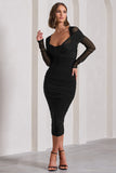 Between The Lines Black Ruched Mesh Long-Sleeved Bodycon Midi Dress