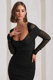 Between The Lines Black Ruched Mesh Long-Sleeved Bodycon Midi Dress