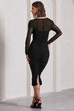 Between The Lines Black Ruched Mesh Long-Sleeved Bodycon Midi Dress